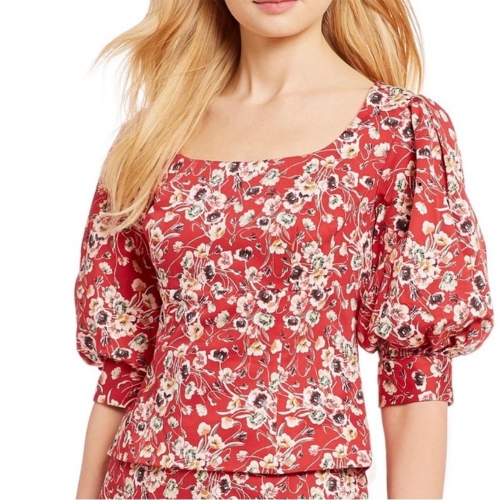 ANTONIO MELANI Red Floral Puff Sleeve Cropped Peplum Blouse Sz 14 Cotton
